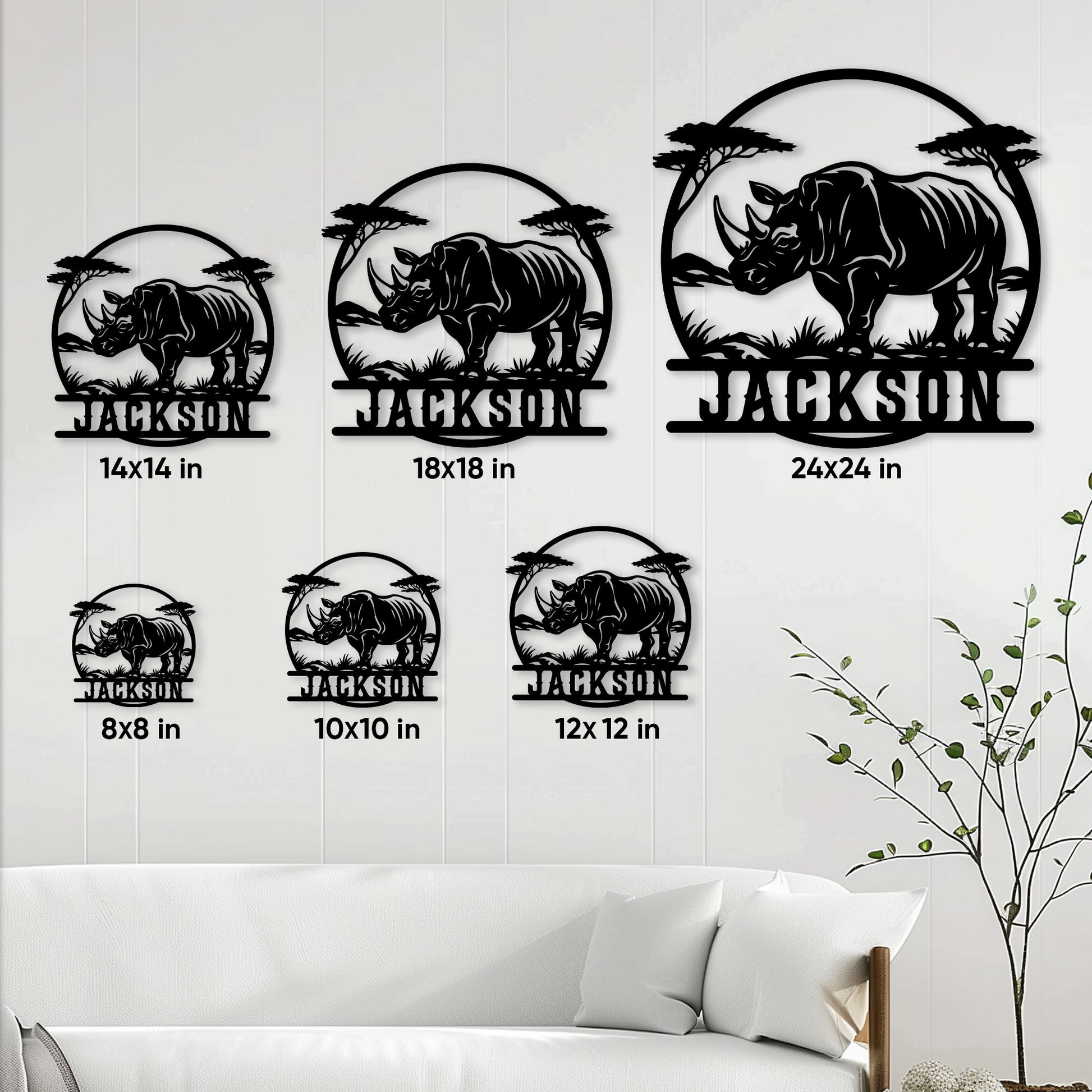 Rhino metal sign size guide showing 8, 10, 12, 14, 18, and 24 inch options
