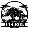 Custom rhino metal sign featuring a mother rhinoceros and calf beneath acacia trees