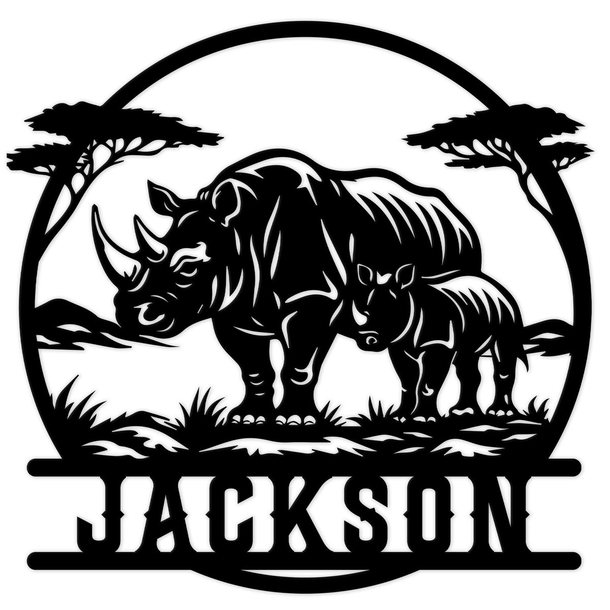 Custom rhino metal sign featuring a mother rhinoceros and calf beneath acacia trees