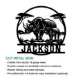Rhino family metal sign shown with a cut-metal sign feature and outdoor decor details