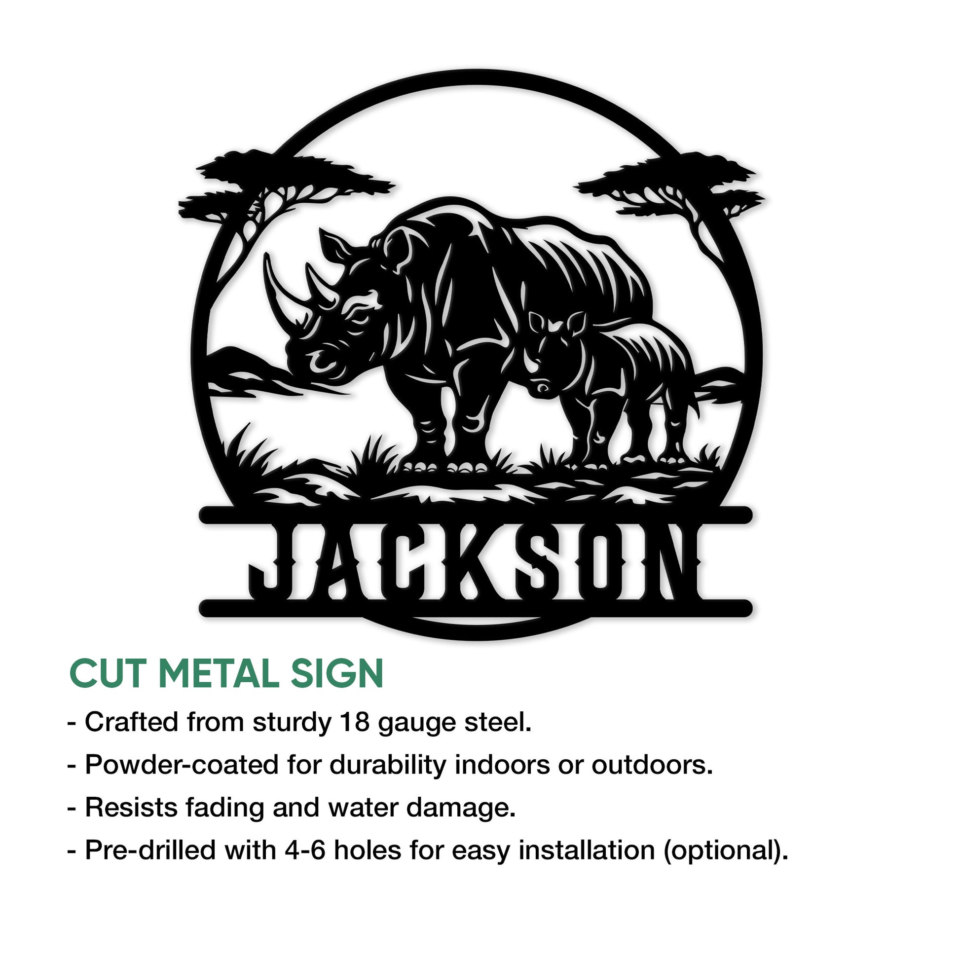 Rhino family metal sign shown with a cut-metal sign feature and outdoor decor details