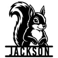 Black squirrel silhouette metal sign with a large bushy tail and custom design for wildlife decor