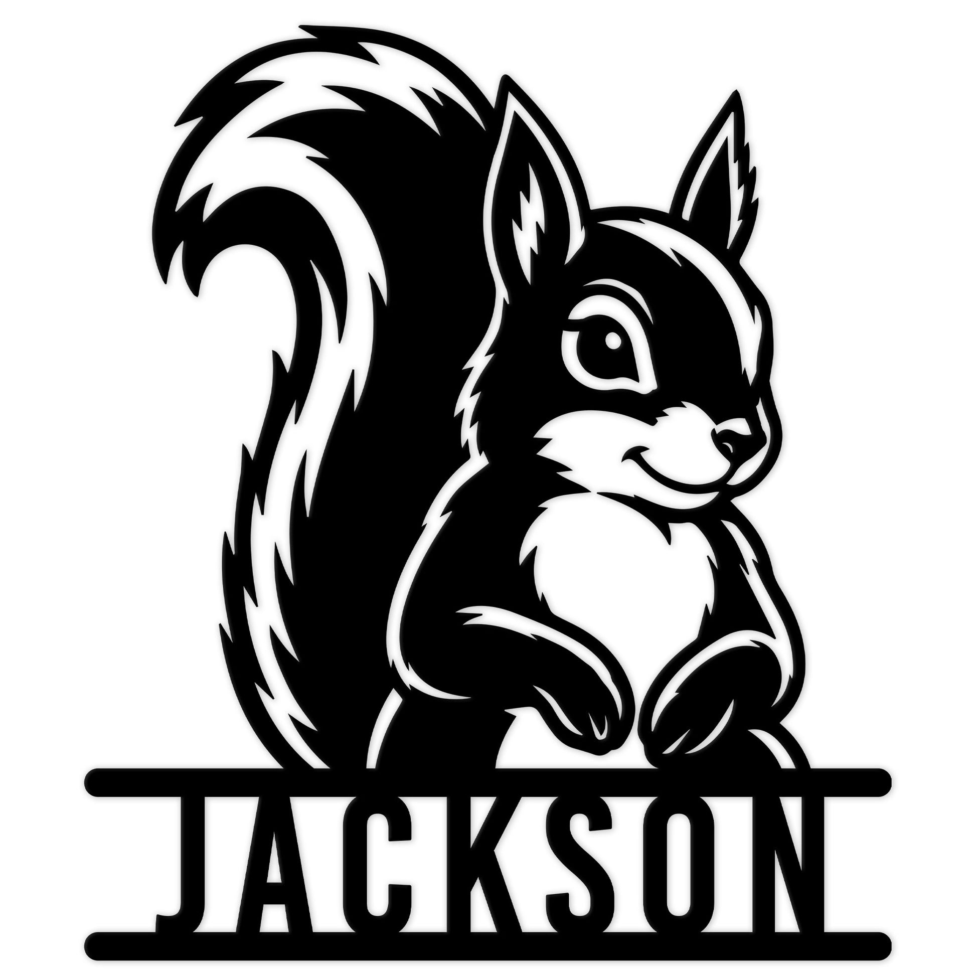 Black squirrel silhouette metal sign with a large bushy tail and custom design for wildlife decor