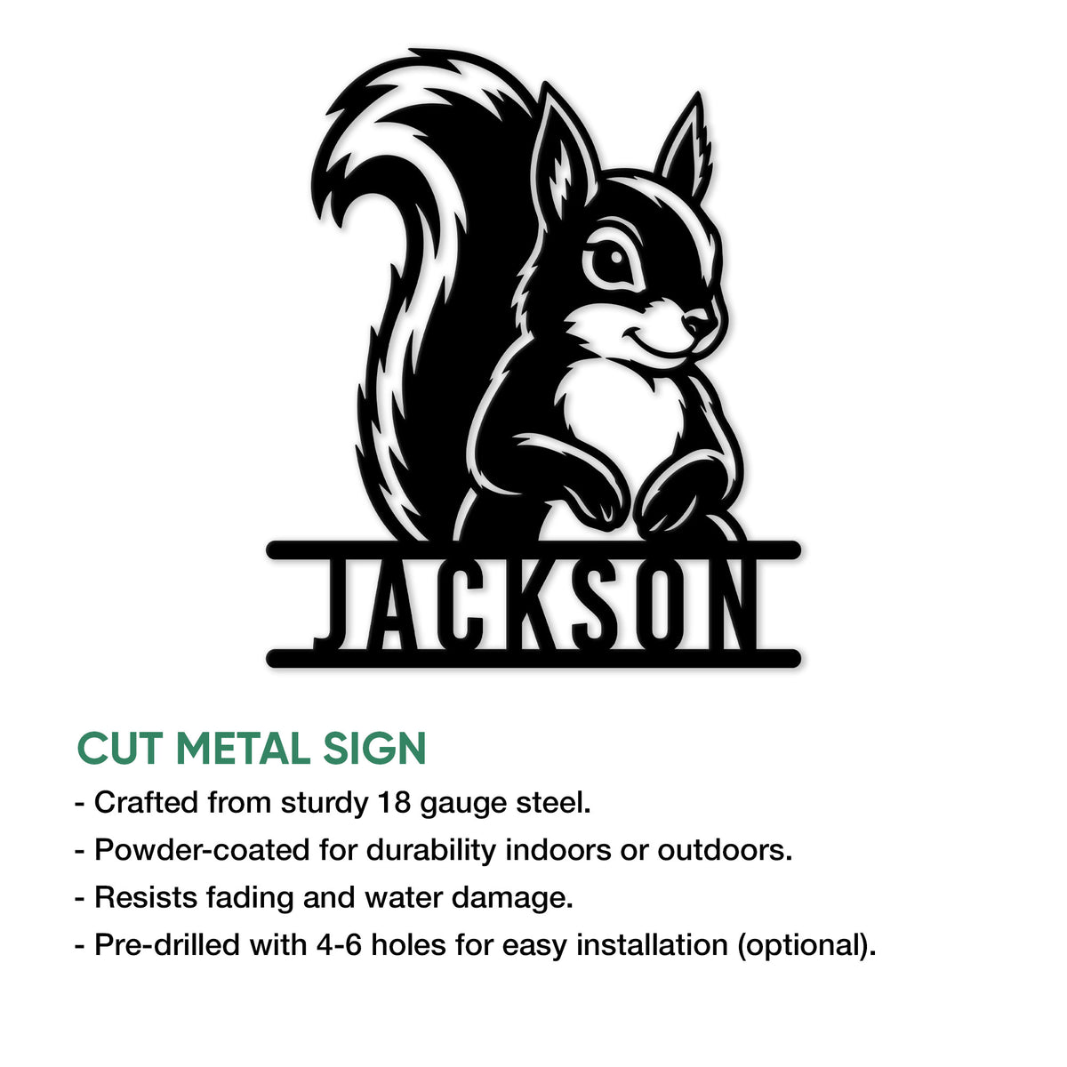 Squirrel metal sign feature overview showing the cutout artwork and product presentation