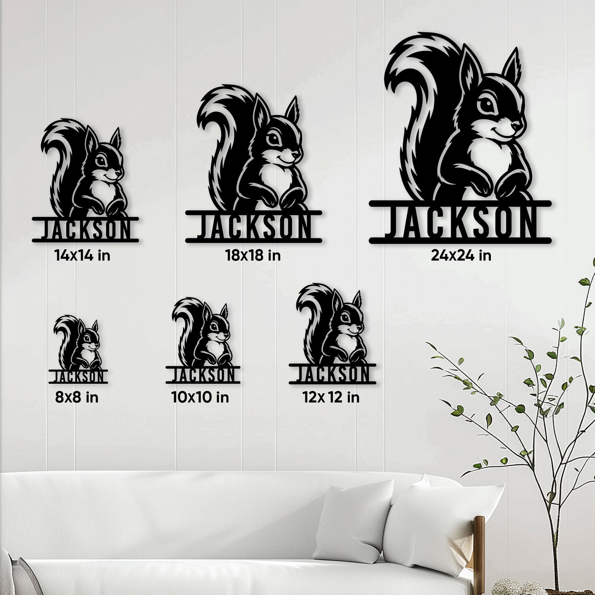 Squirrel metal sign size guide showing multiple square size options in a living room setting