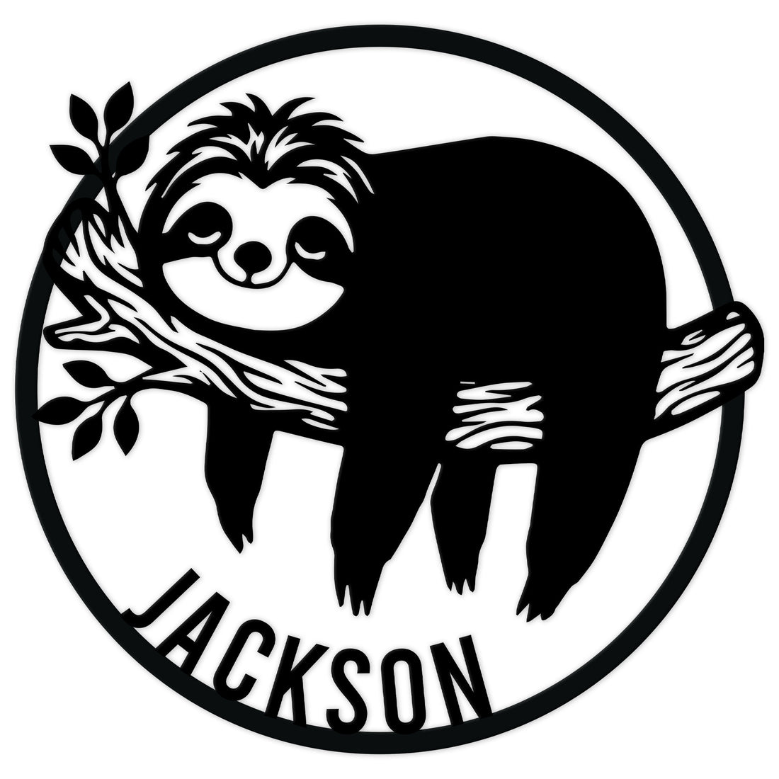 Black metal sign featuring a relaxed sloth hanging from a leafy branch inside a circular frame