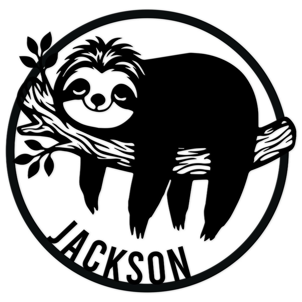 Black metal sign featuring a relaxed sloth hanging from a leafy branch inside a circular frame