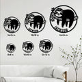 Sloth metal sign size guide showing multiple round sign sizes in a bright living room
