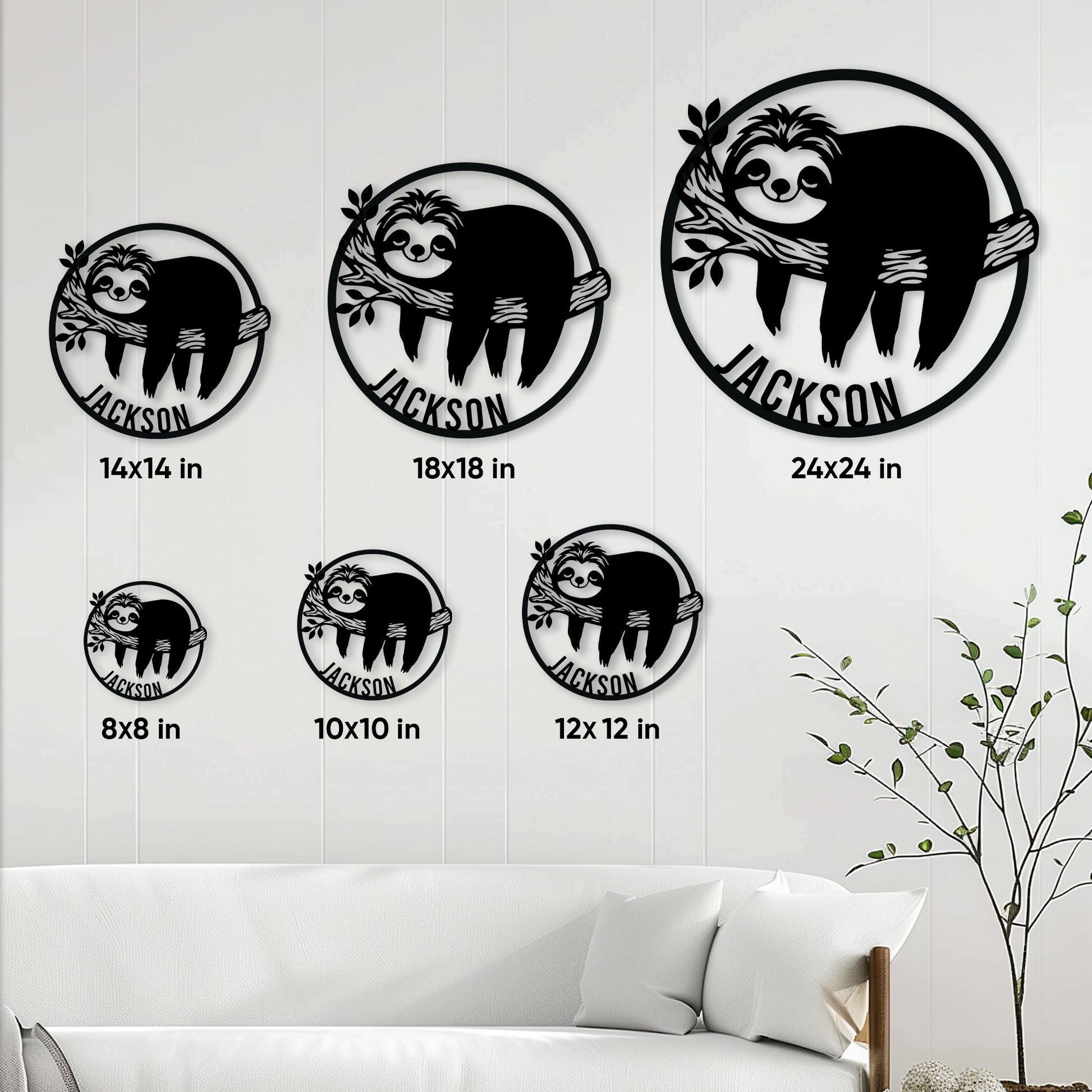 Sloth metal sign size guide showing multiple round sign sizes in a bright living room