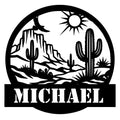 Custom cactus metal sign with a desert landscape, saguaro cacti, mesas, sun, and soaring bird