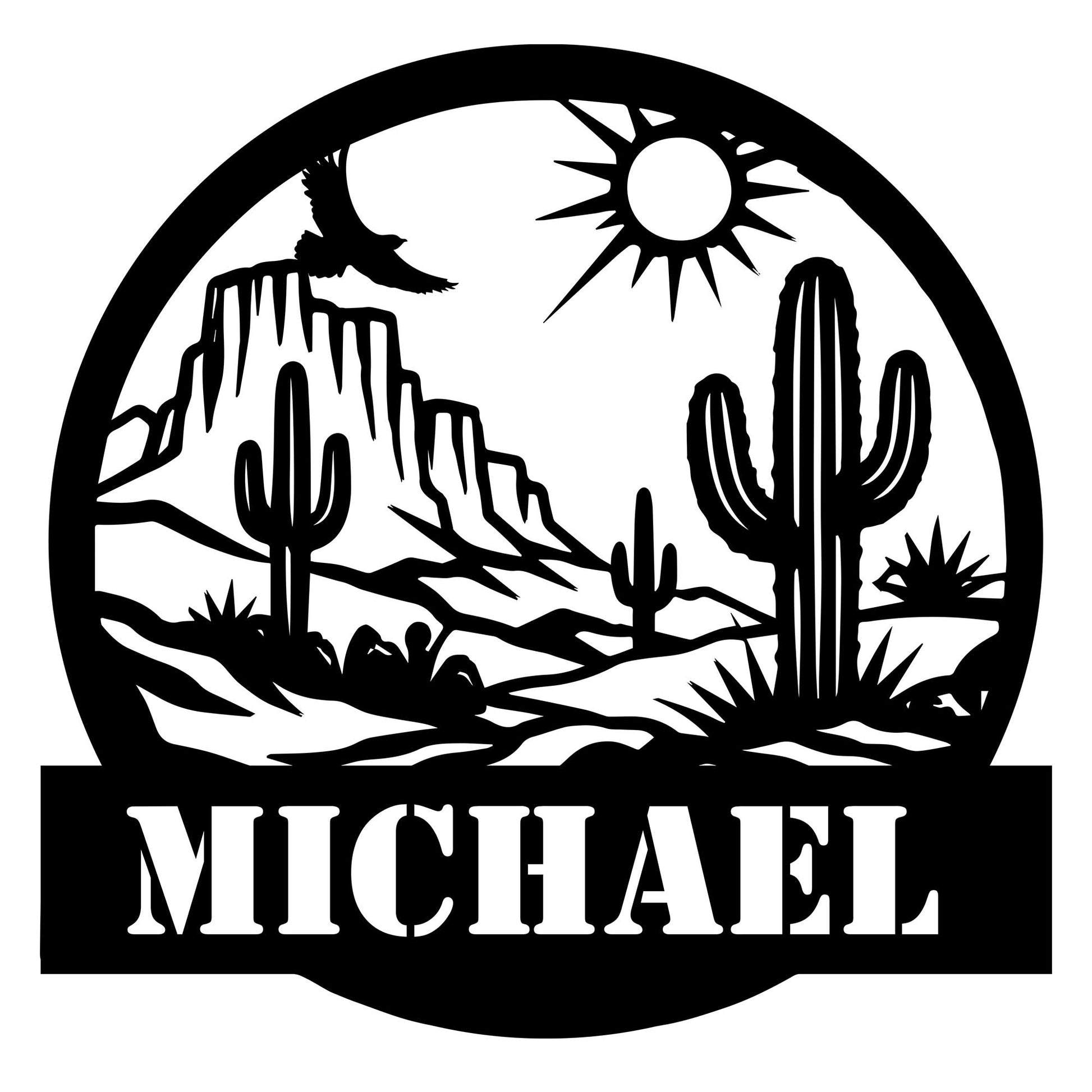 Custom cactus metal sign with a desert landscape, saguaro cacti, mesas, sun, and soaring bird