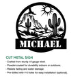 Cactus metal sign design shown with cut-metal product details and a Southwestern desert scene