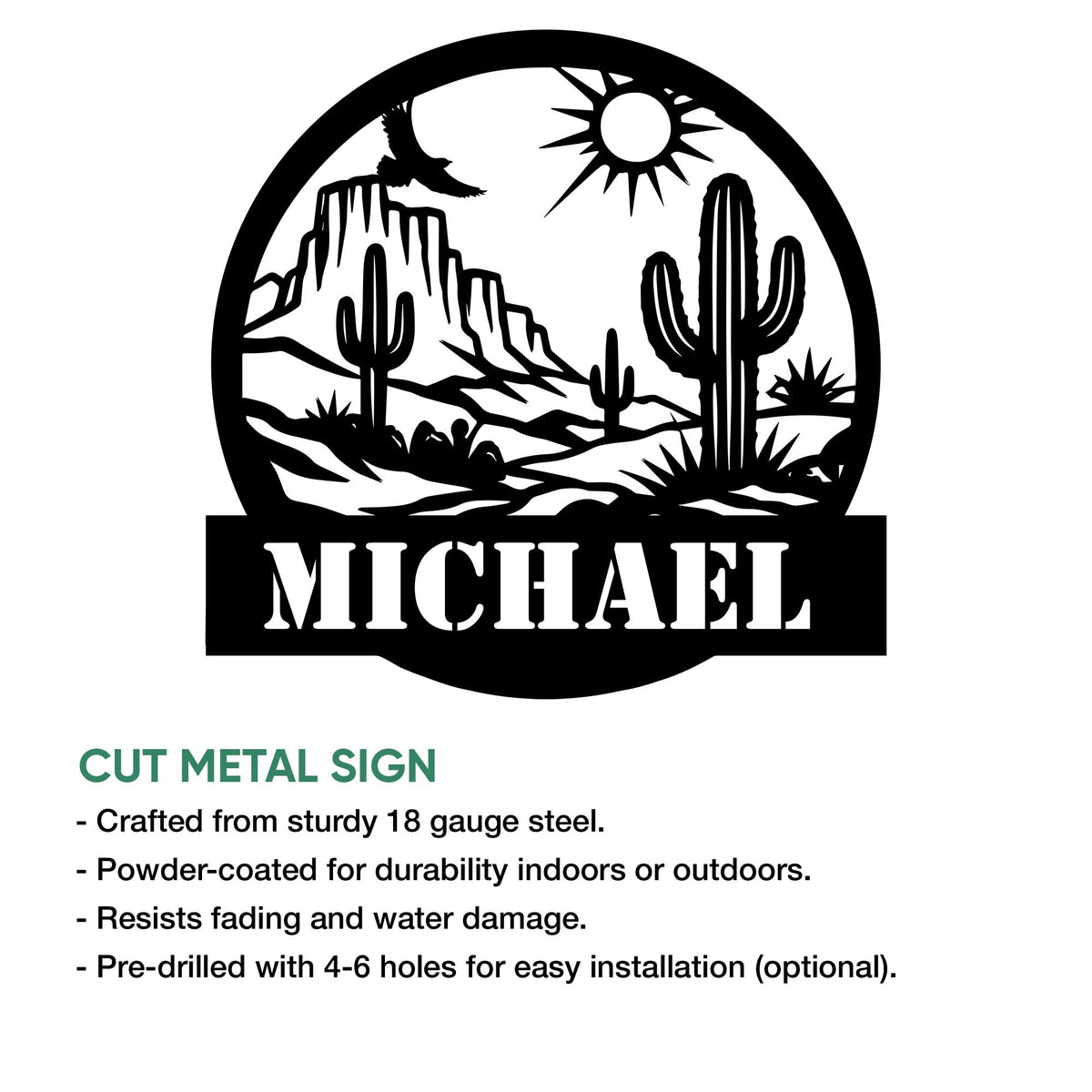 Cactus metal sign design shown with cut-metal product details and a Southwestern desert scene