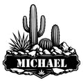 Custom cactus metal sign featuring saguaro, barrel cactus, agave, rocks, and a desert landscape design