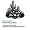 Cactus desert metal sign shown with cut-steel construction details and indoor or outdoor display information