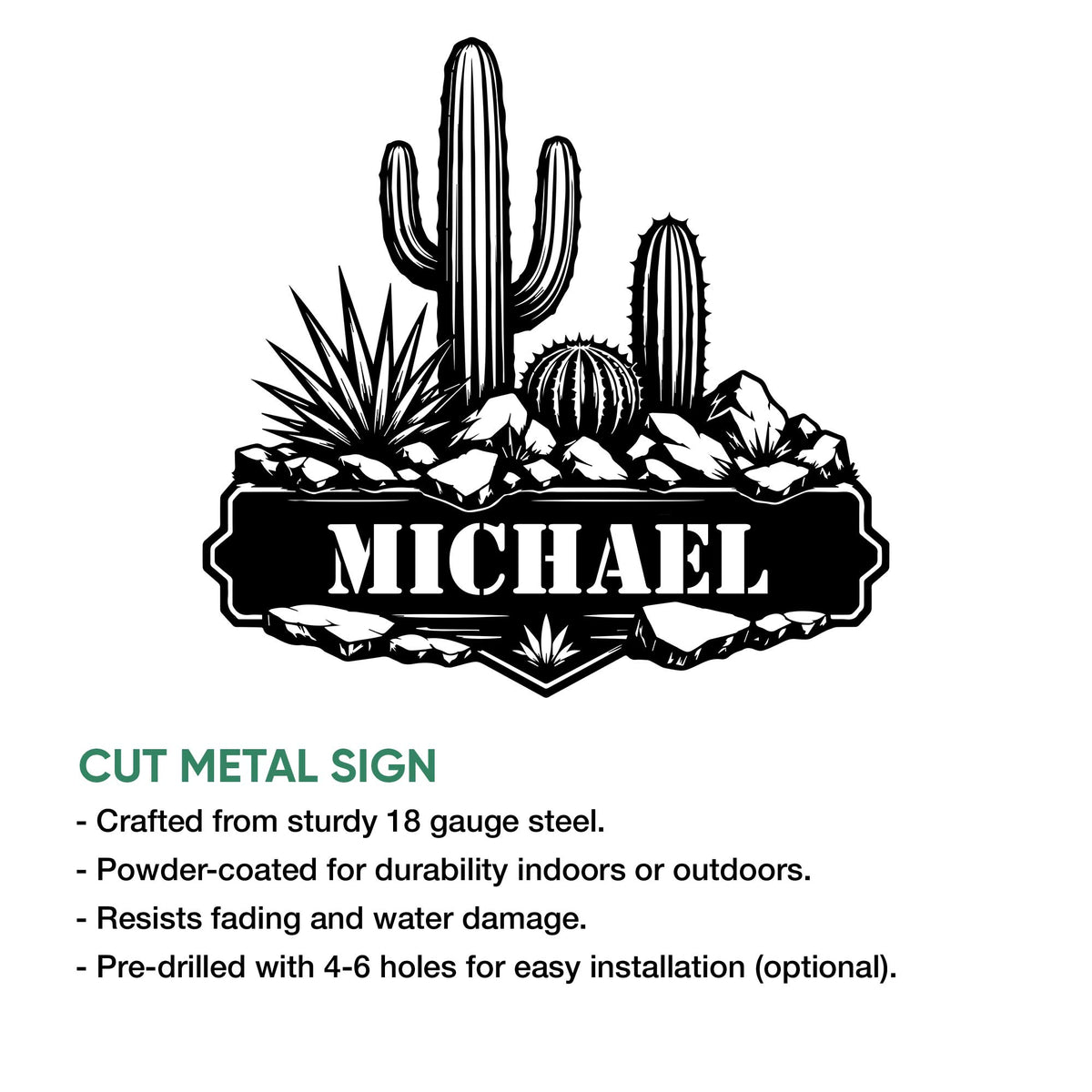 Cactus desert metal sign shown with cut-steel construction details and indoor or outdoor display information
