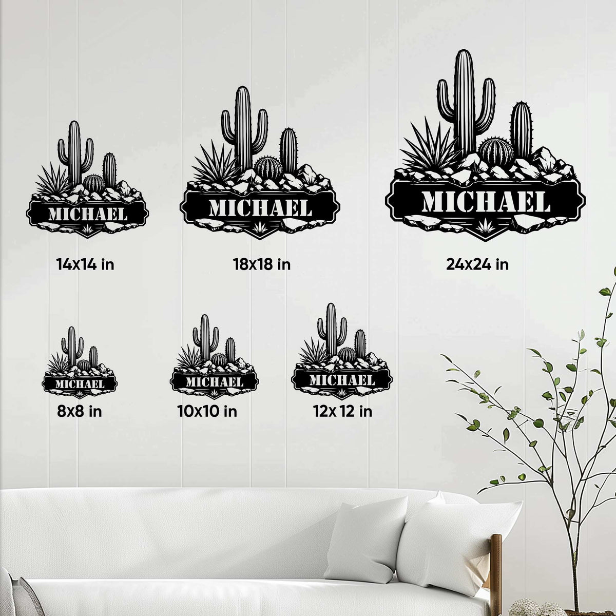 Cactus metal sign size guide showing available square sizes from 8x8 to 24x24 inches