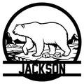 Custom polar bear metal sign featuring an Arctic bear walking across ice beneath a bold circular frame