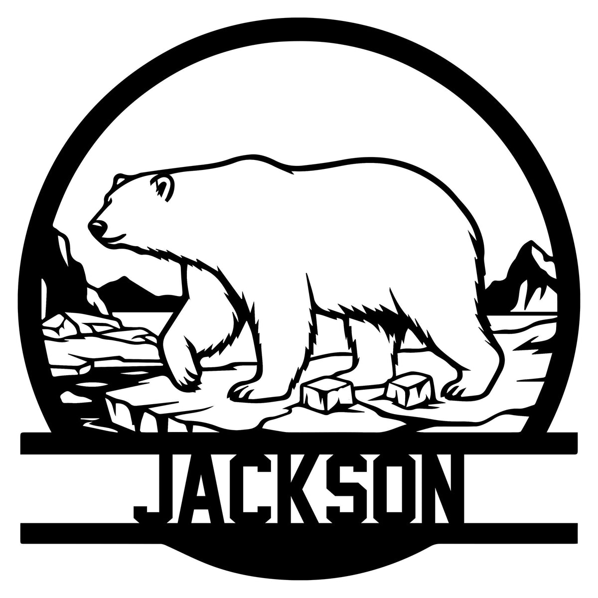 Custom polar bear metal sign featuring an Arctic bear walking across ice beneath a bold circular frame