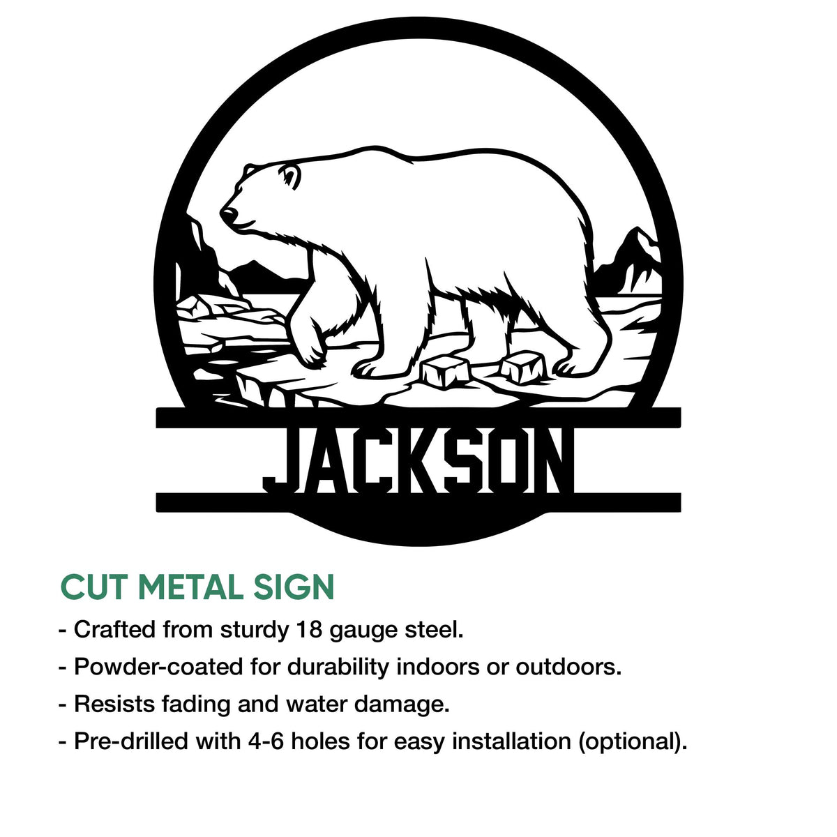 Polar bear cut metal sign shown with an Arctic wildlife design and indoor or outdoor decor features