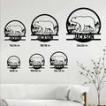 Polar bear metal sign size guide showing multiple dimensions in a bright living room setting