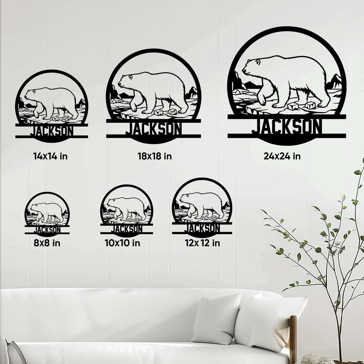 Polar bear metal sign size guide showing multiple dimensions in a bright living room setting