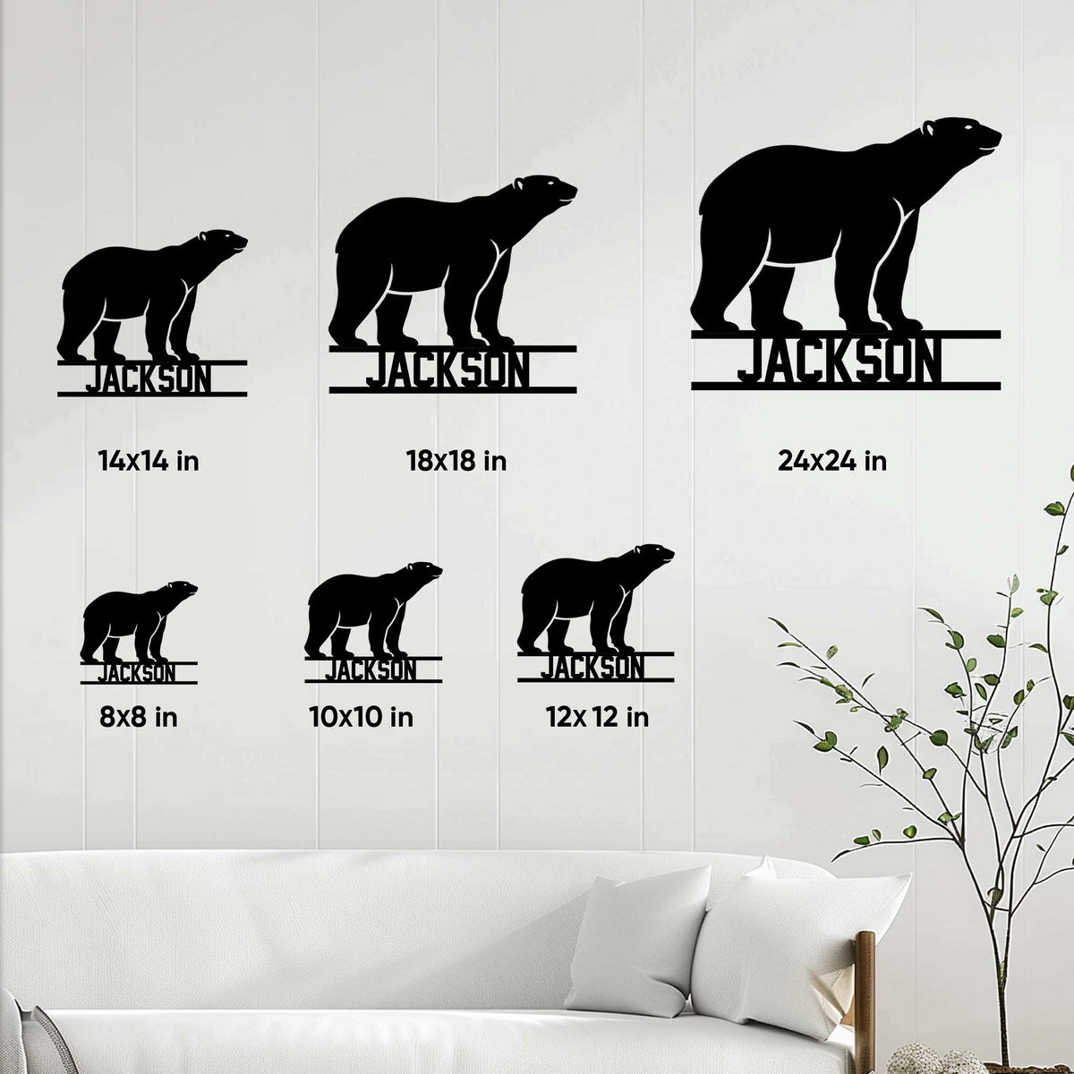 Polar bear metal sign size guide showing six available square dimensions from 8 by 8 to 24 by 24 inches