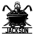 Bold coal miner metal sign featuring a helmet lamp, crossed pickaxes, and a mining cart silhouette