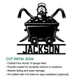 Coal miner metal sign feature graphic showing the miner helmet, crossed pickaxes, and mining cart design