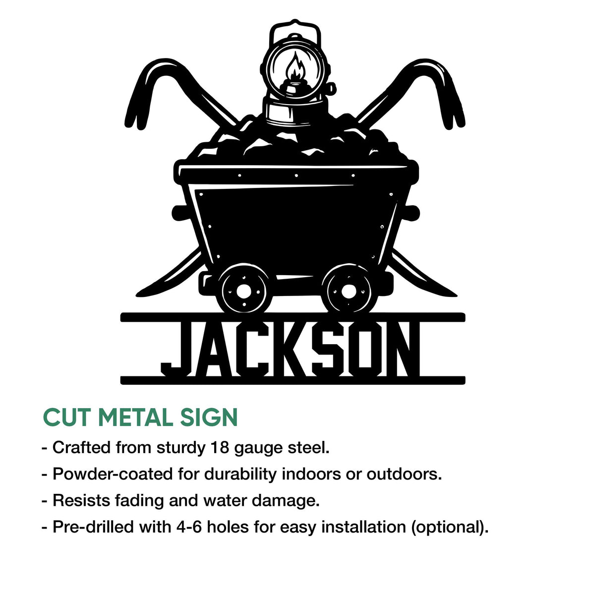 Coal miner metal sign feature graphic showing the miner helmet, crossed pickaxes, and mining cart design