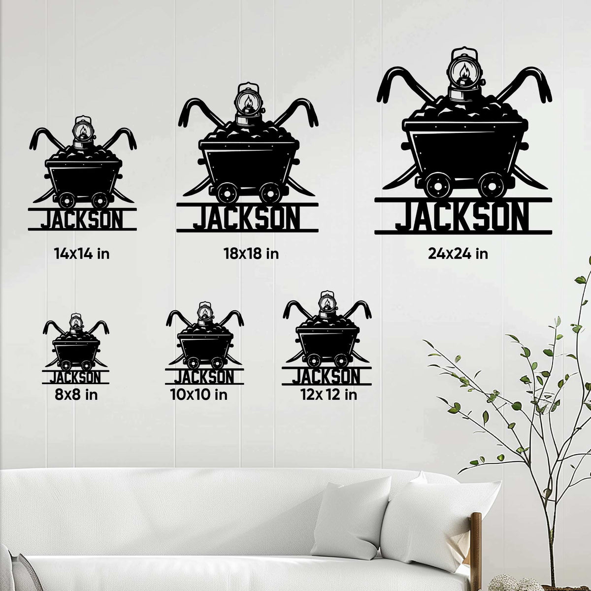 Coal miner sign size guide showing six square size options from 8x8 to 24x24 inches