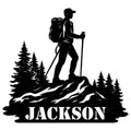 Custom hiking metal sign featuring a backpacker with trekking poles on a forested mountain ridge