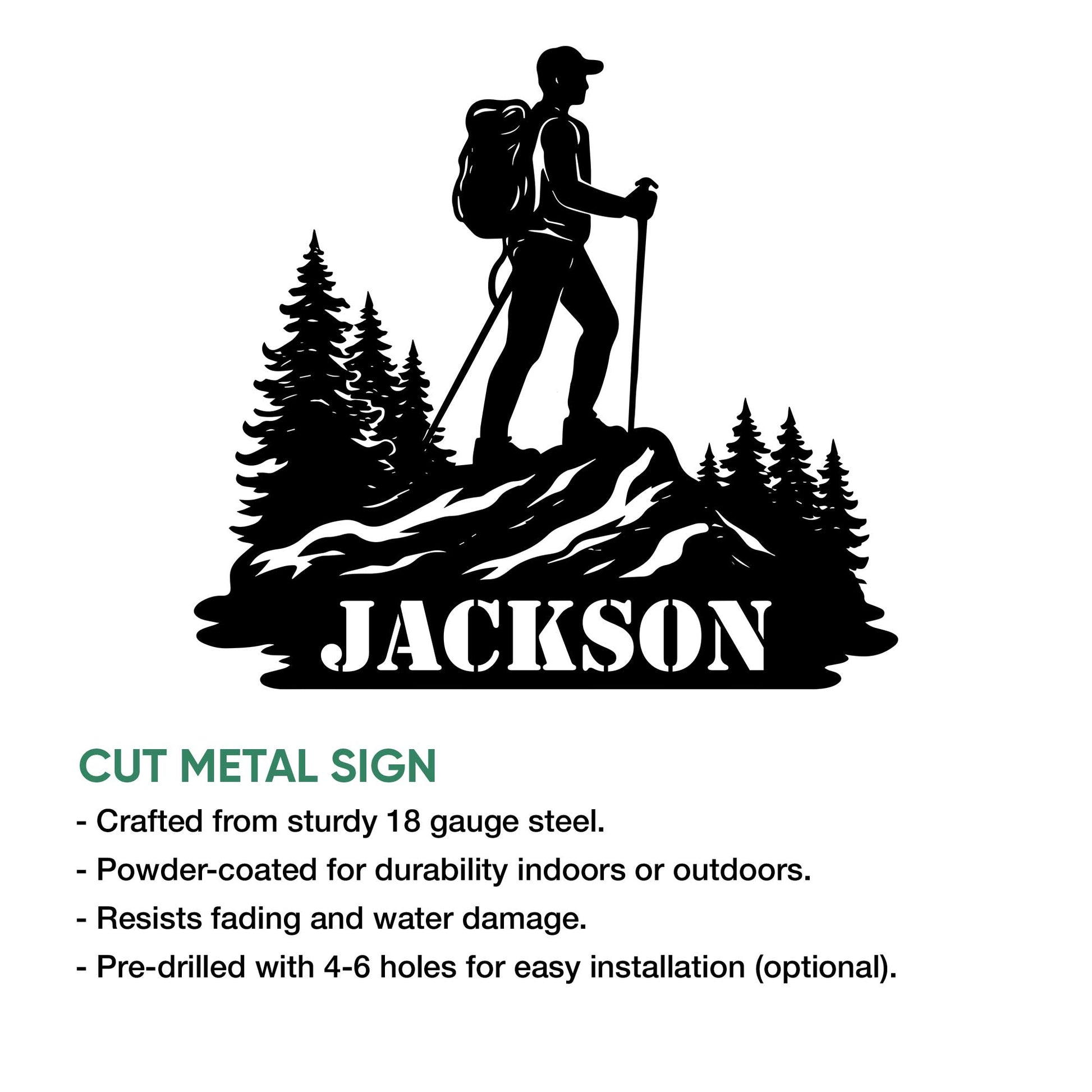 Trekking metal sign feature graphic showing a backpacking hiker silhouette among mountain trees
