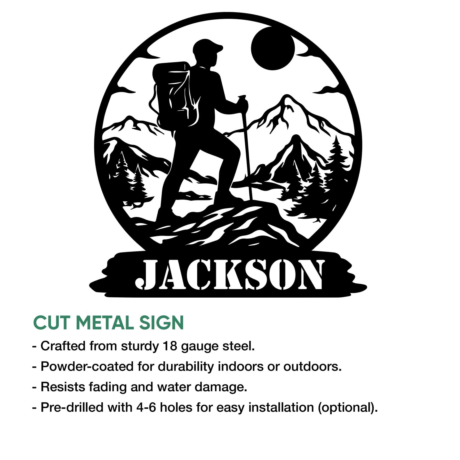 Cut metal hiking sign feature graphic showing a backpacker, mountain landscape, and circular outdoor design