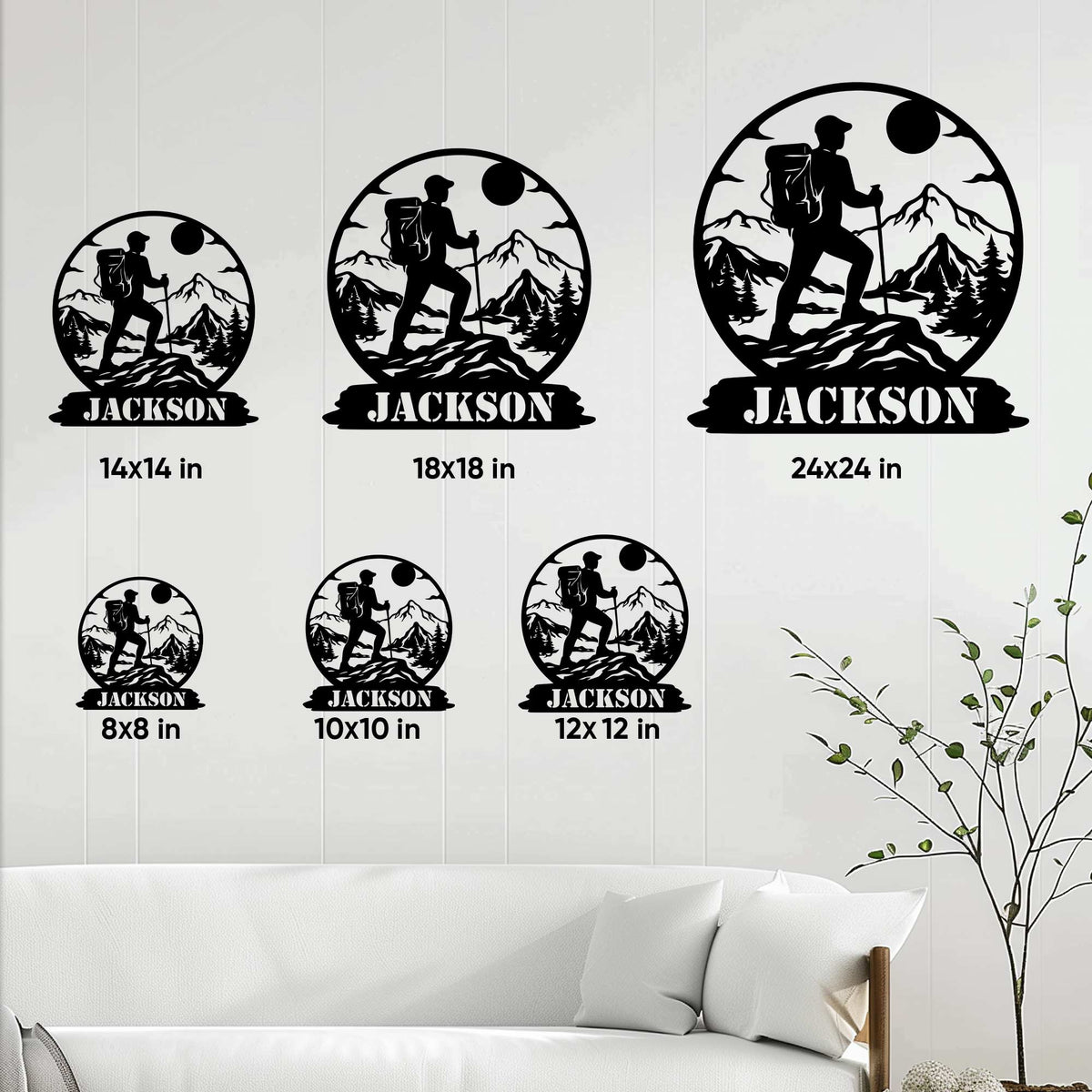 Hiking metal sign size guide showing the mountain trekker design in six square size options