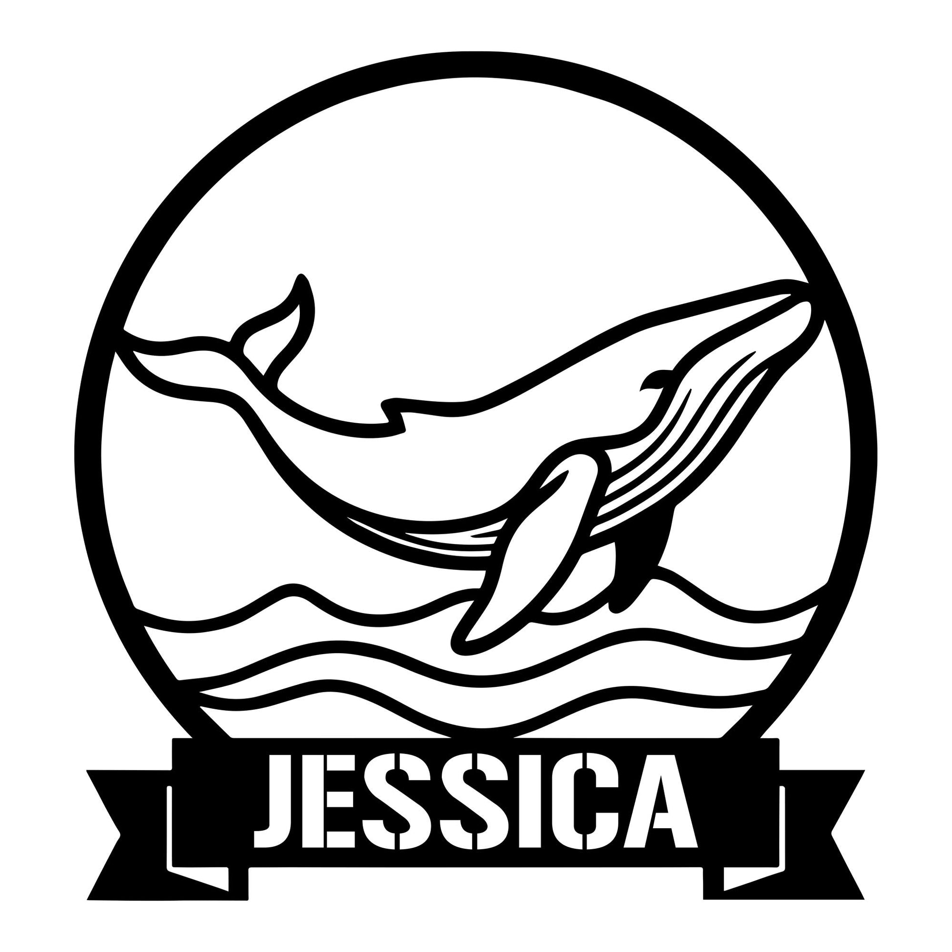 Whale metal sign featuring a breaching whale swimming through stylized ocean waves inside a round frame