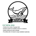 Whale wall sign design shown with cut-metal sign features and an ocean wave illustration