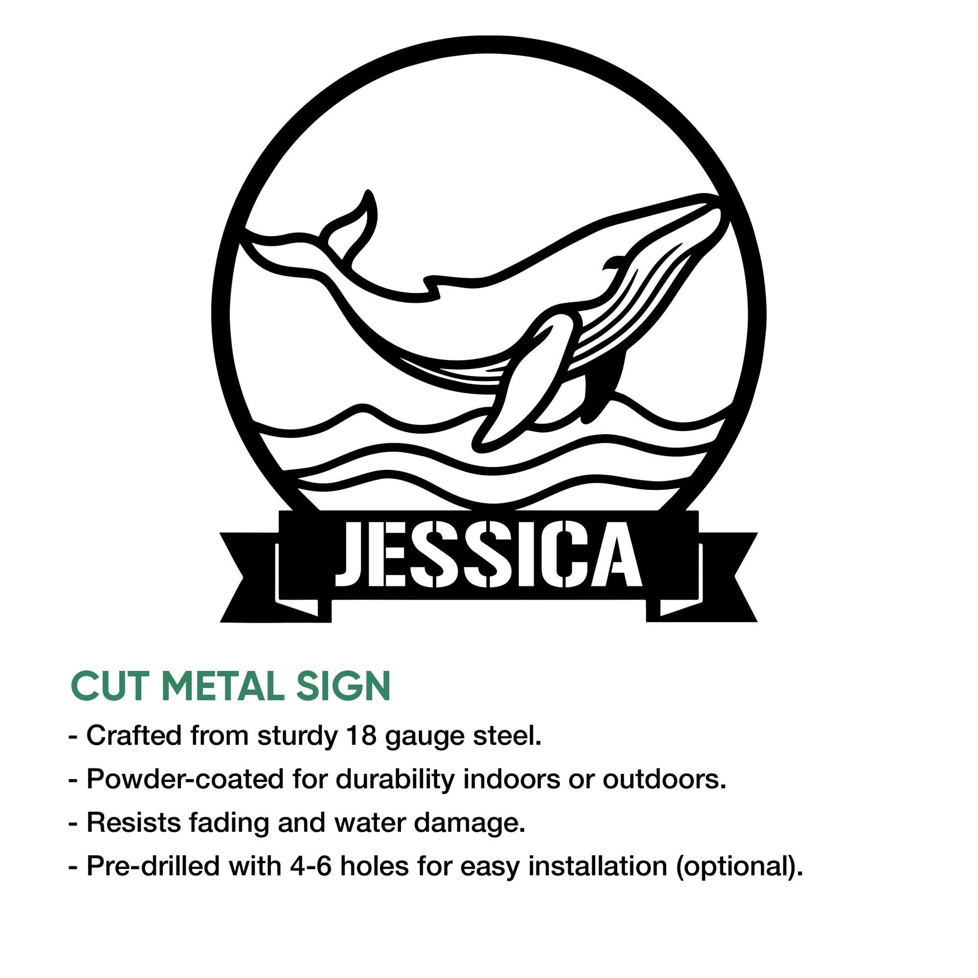 Whale wall sign design shown with cut-metal sign features and an ocean wave illustration