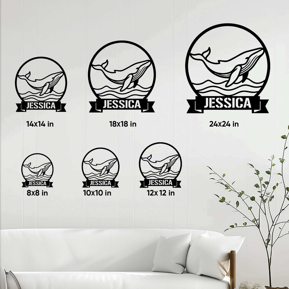 Whale metal sign displayed in multiple sizes, featuring a circular ocean scene and wave banner