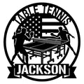 Custom table tennis metal sign with two players, paddles, table, stars, and a patriotic flag design