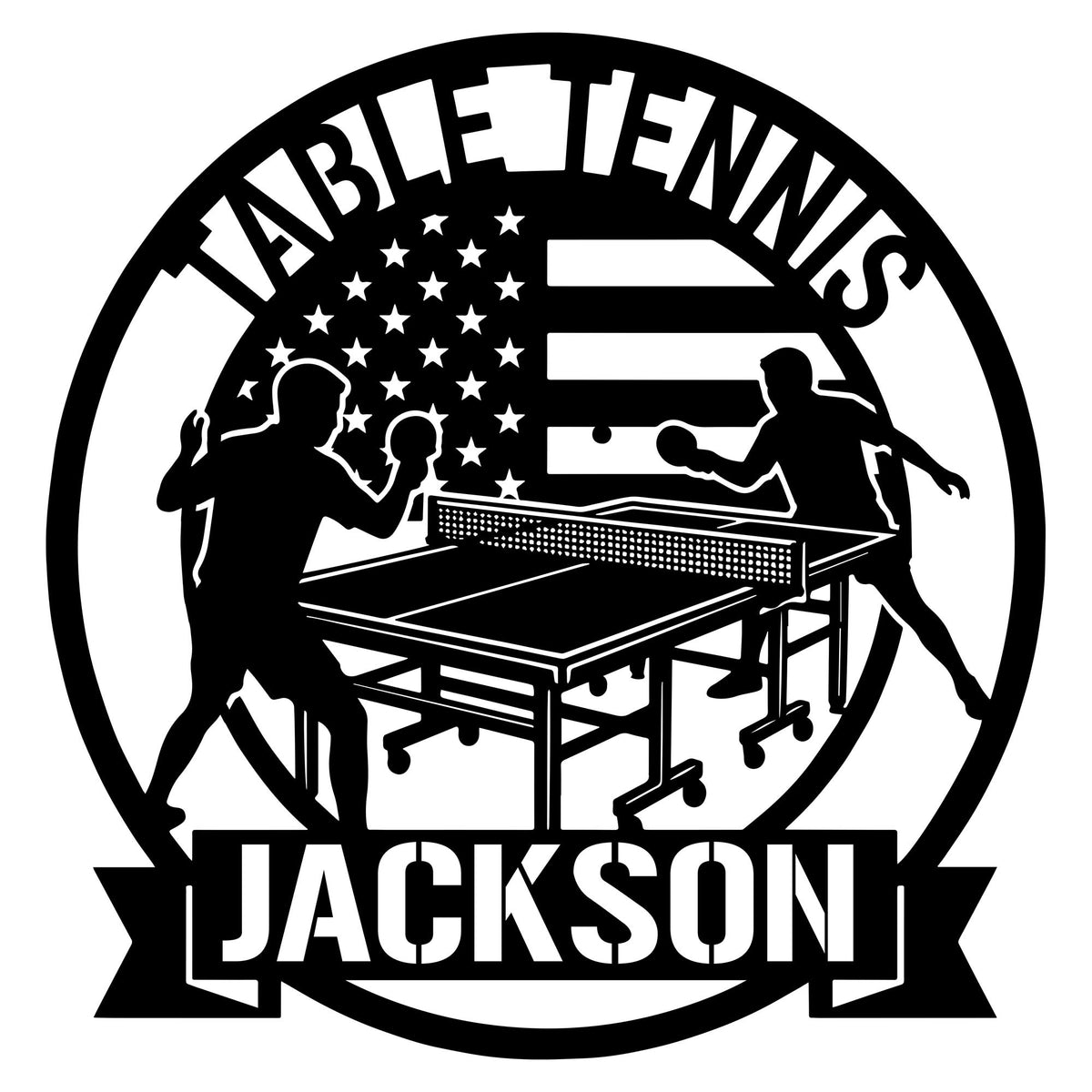 Custom table tennis metal sign with two players, paddles, table, stars, and a patriotic flag design