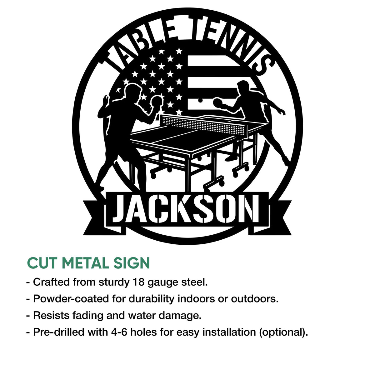 Cut metal table tennis sign featuring competitive ping pong players and a bold American flag motif
