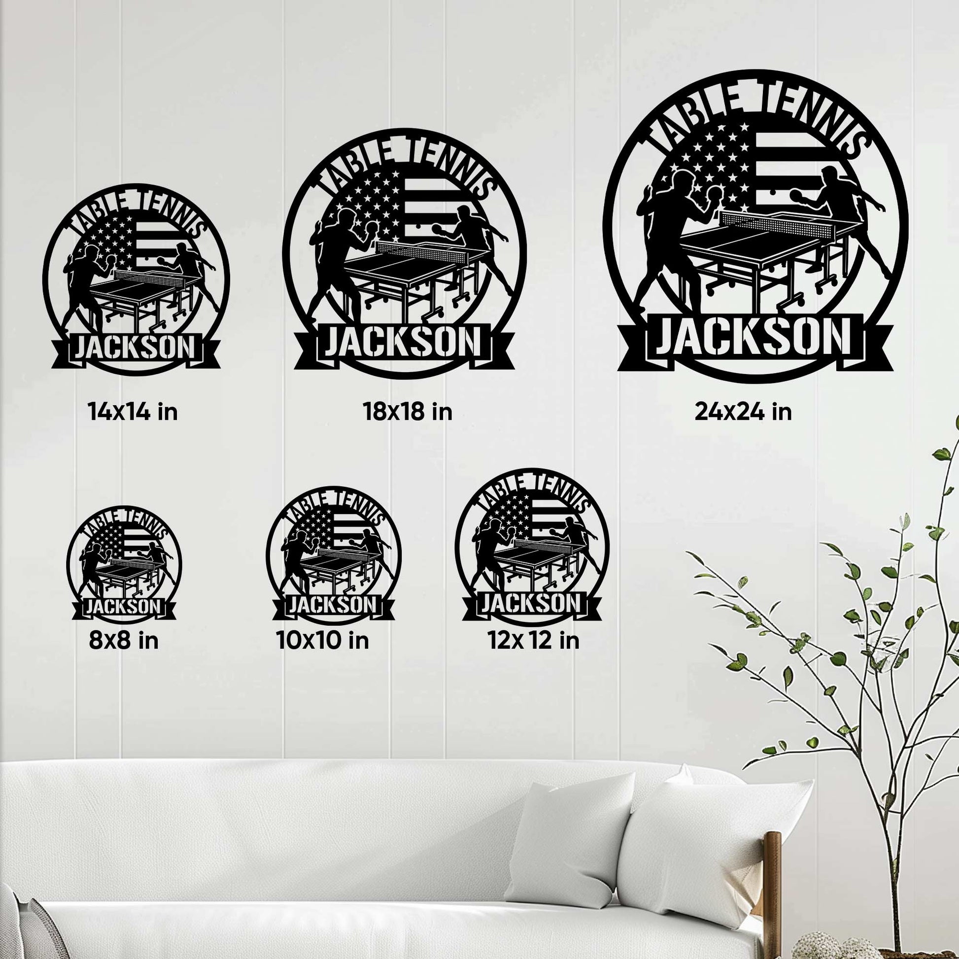 Table tennis metal sign size guide showing available square sizes from 8 by 8 to 24 by 24 inches