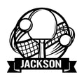 Table tennis metal sign featuring two paddles, a ball, net detail, and a bold banner design
