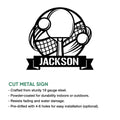 Table tennis cut metal sign shown with its paddle, ball, and net artwork in a product feature graphic