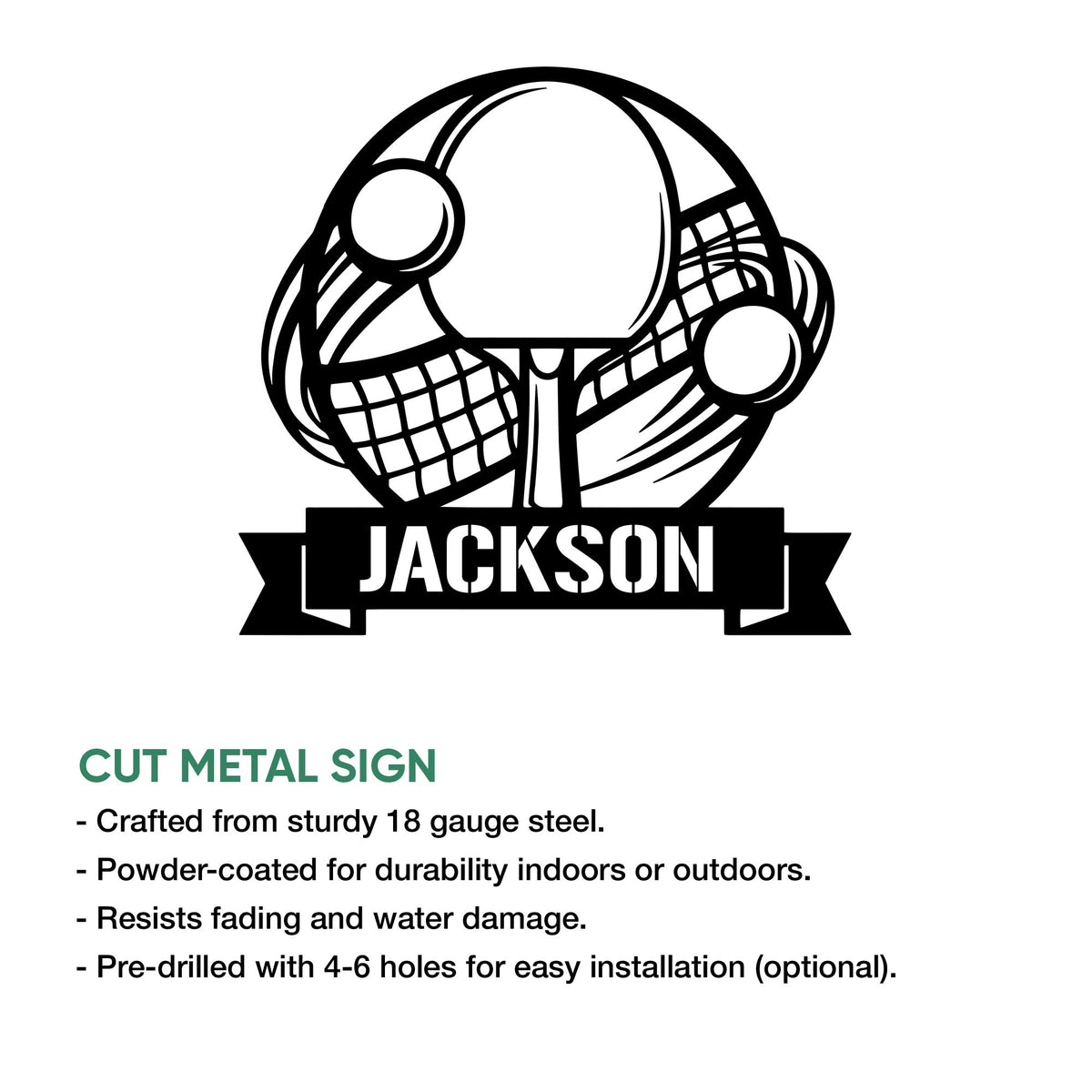 Table tennis cut metal sign shown with its paddle, ball, and net artwork in a product feature graphic