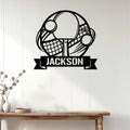 Table tennis wall sign displayed on a bright paneled wall above a console table