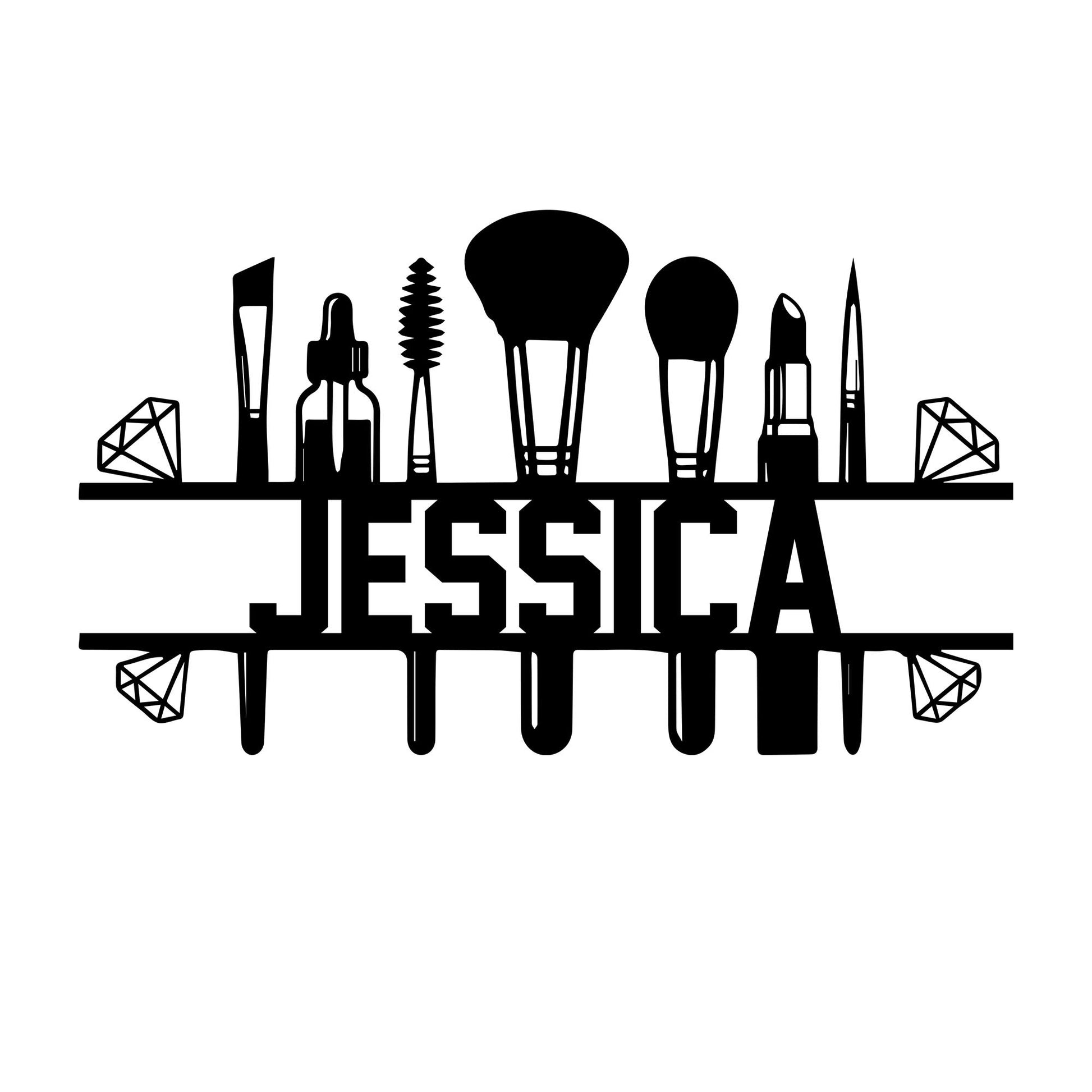 Makeup artist metal sign with a bold silhouette of brushes, cosmetics, and diamond accents