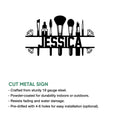 Makeup artist metal sign feature graphic showing a brush and beauty tool silhouette design