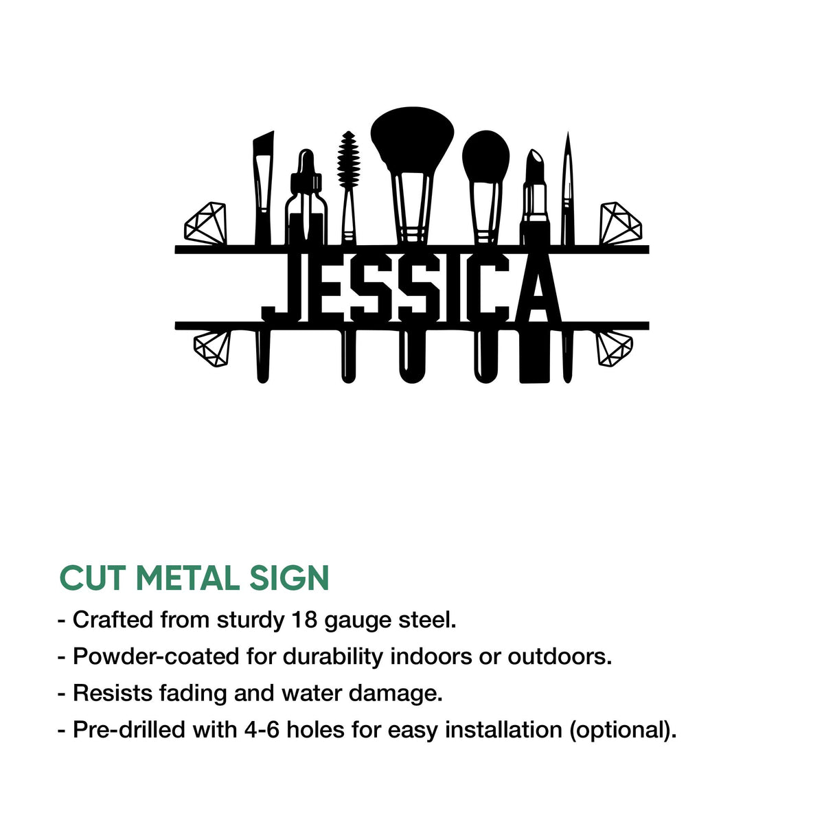 Makeup artist metal sign feature graphic showing a brush and beauty tool silhouette design